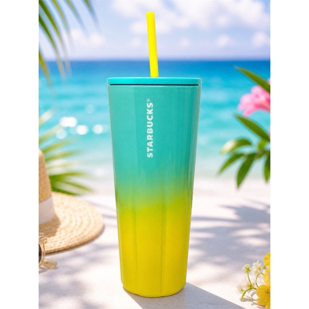 Starbucks 24oz Tumbler Straw Cup Teal Yellow Ombre Cold Drink Summer New